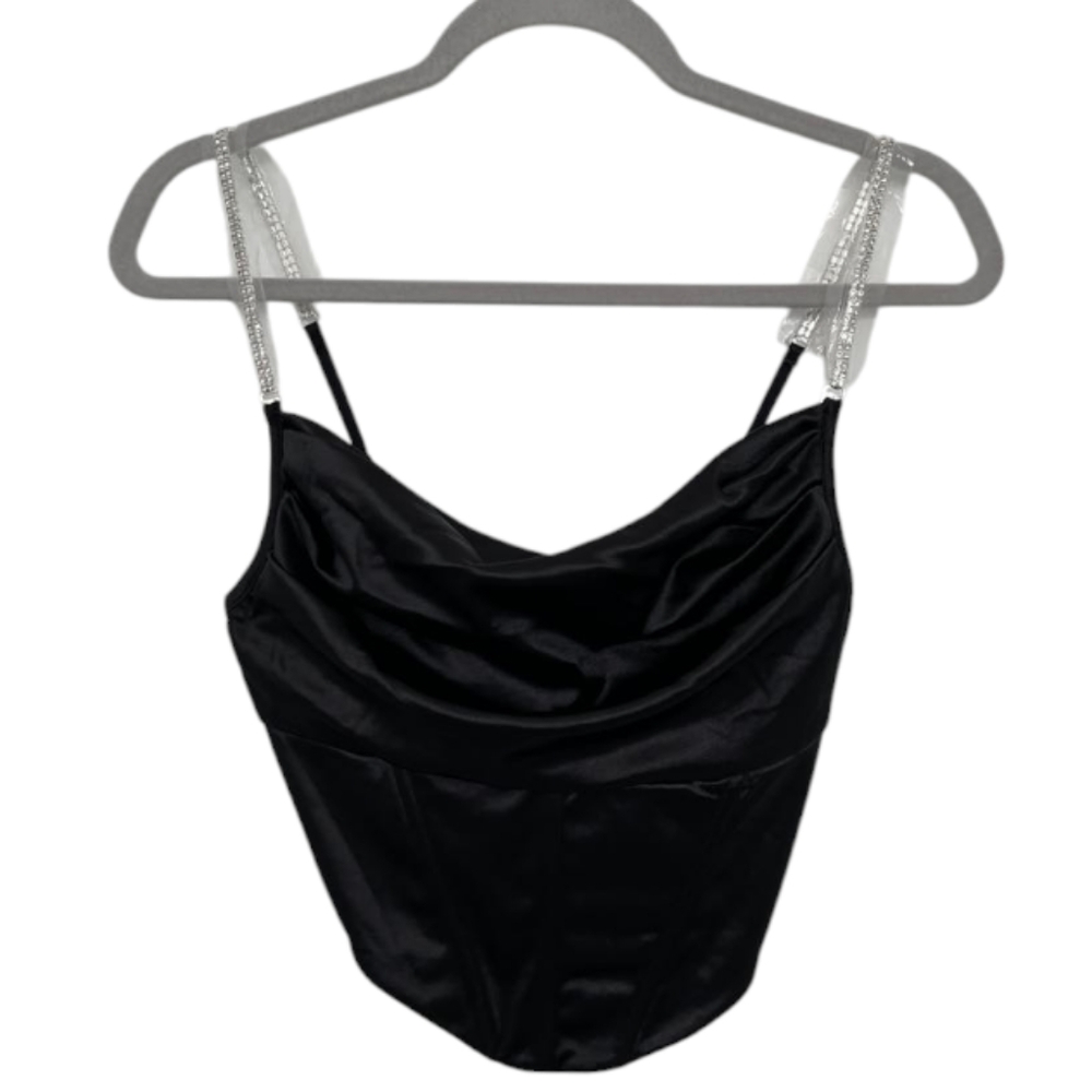 Black Forever 21 Women's Satin Rhinestone Strap Corset Top